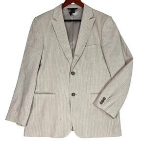 Linen Blend Blazer Mens 40R Pinstripe Beige White Woven in Italy Claiborne Luxe